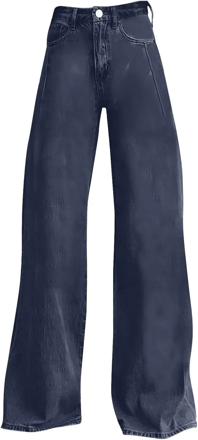 Flare Jeans for Women Wide Leg Baggy Pant 2025 Casual Summer High Waisted Straight Y2K Streetwear Denim Pants with Pockets
