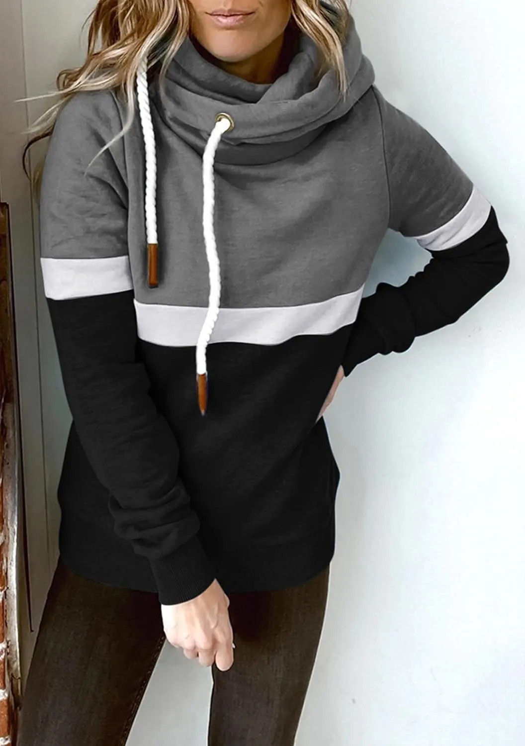 FLITAY Womens Long Sleeve Casual Drawstring Hoodie Color Block Cowl Neck Pullover Graphic Printed Sweatshirt