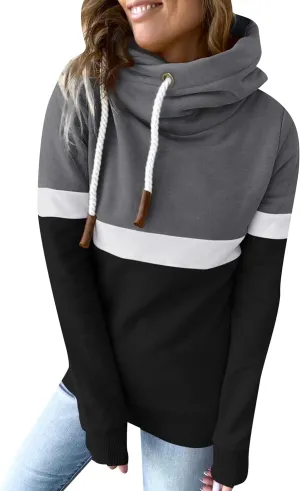 FLITAY Womens Long Sleeve Casual Drawstring Hoodie Color Block Cowl Neck Pullover Graphic Printed Sweatshirt