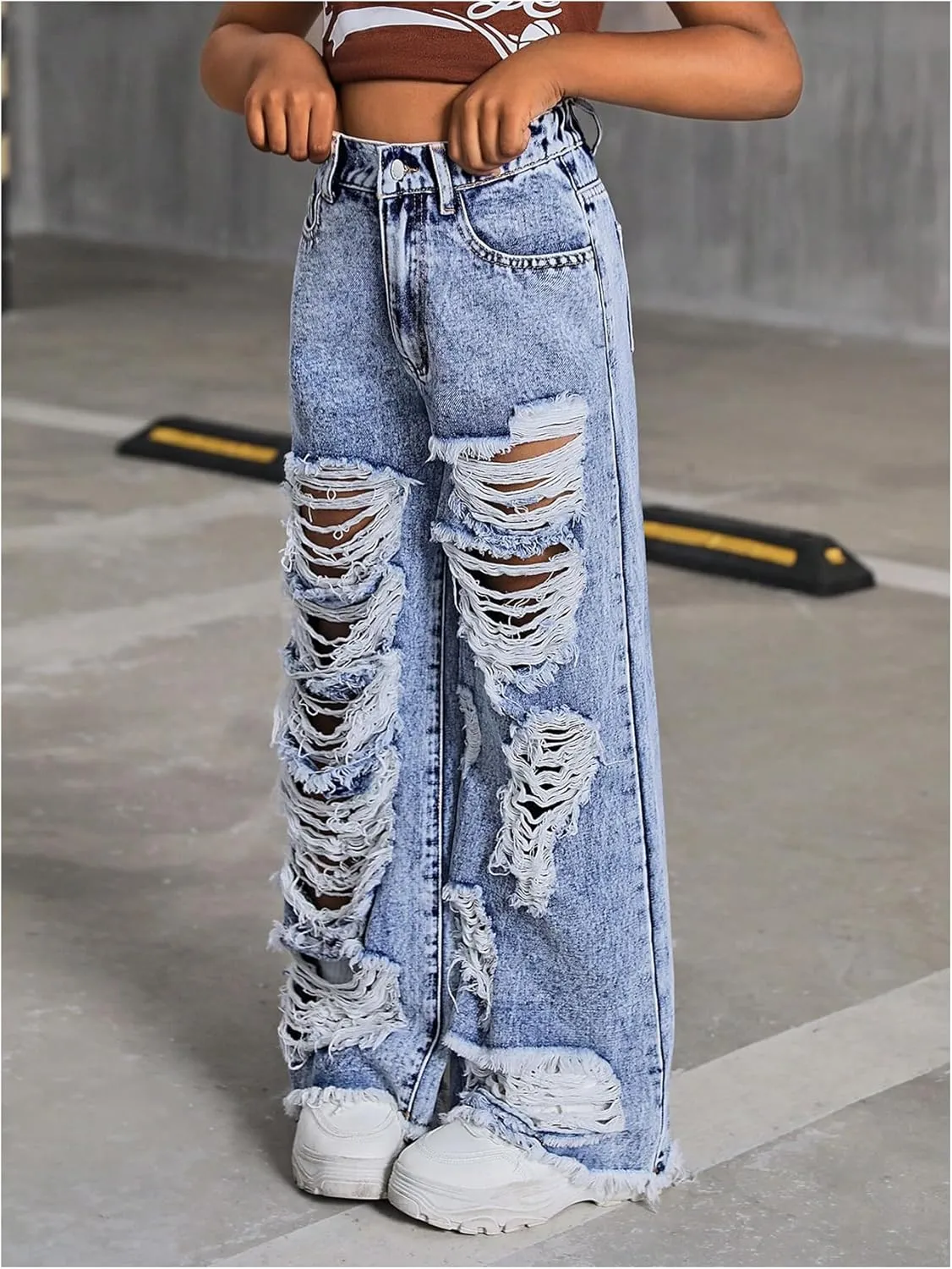 Floerns Girl's Distressed Jeans Baggy Wide Straight Leg Y2k Ripped Denim Pants
