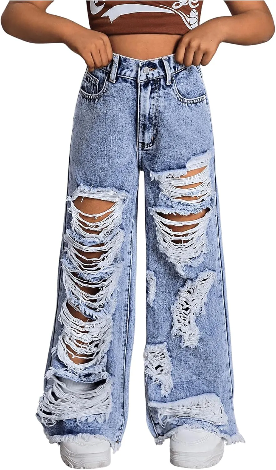 Floerns Girl's Distressed Jeans Baggy Wide Straight Leg Y2k Ripped Denim Pants