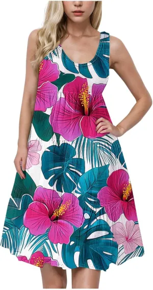 Floral Print Tank Dress for Women Round Neck Sleeveless Midi Dresses 2025 Trendy Summer Boho Sundress