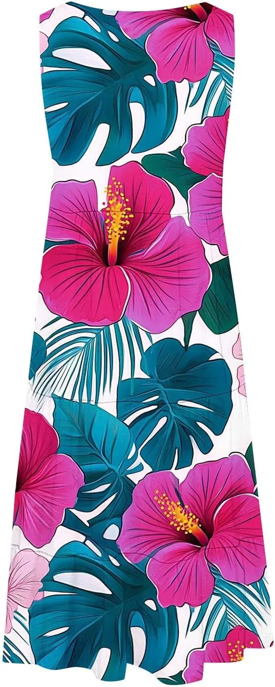 Floral Print Tank Dress for Women Round Neck Sleeveless Midi Dresses 2025 Trendy Summer Boho Sundress