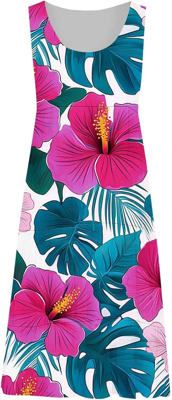 Floral Print Tank Dress for Women Round Neck Sleeveless Midi Dresses 2025 Trendy Summer Boho Sundress