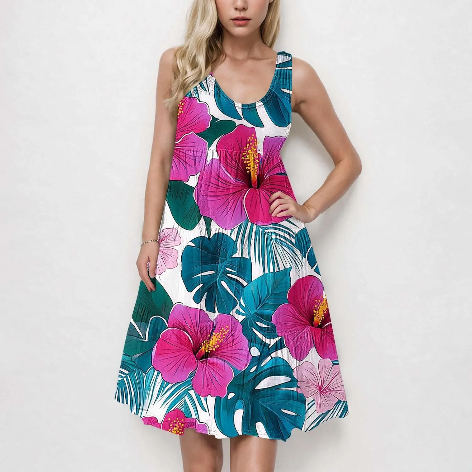Floral Print Tank Dress for Women Round Neck Sleeveless Midi Dresses 2025 Trendy Summer Boho Sundress