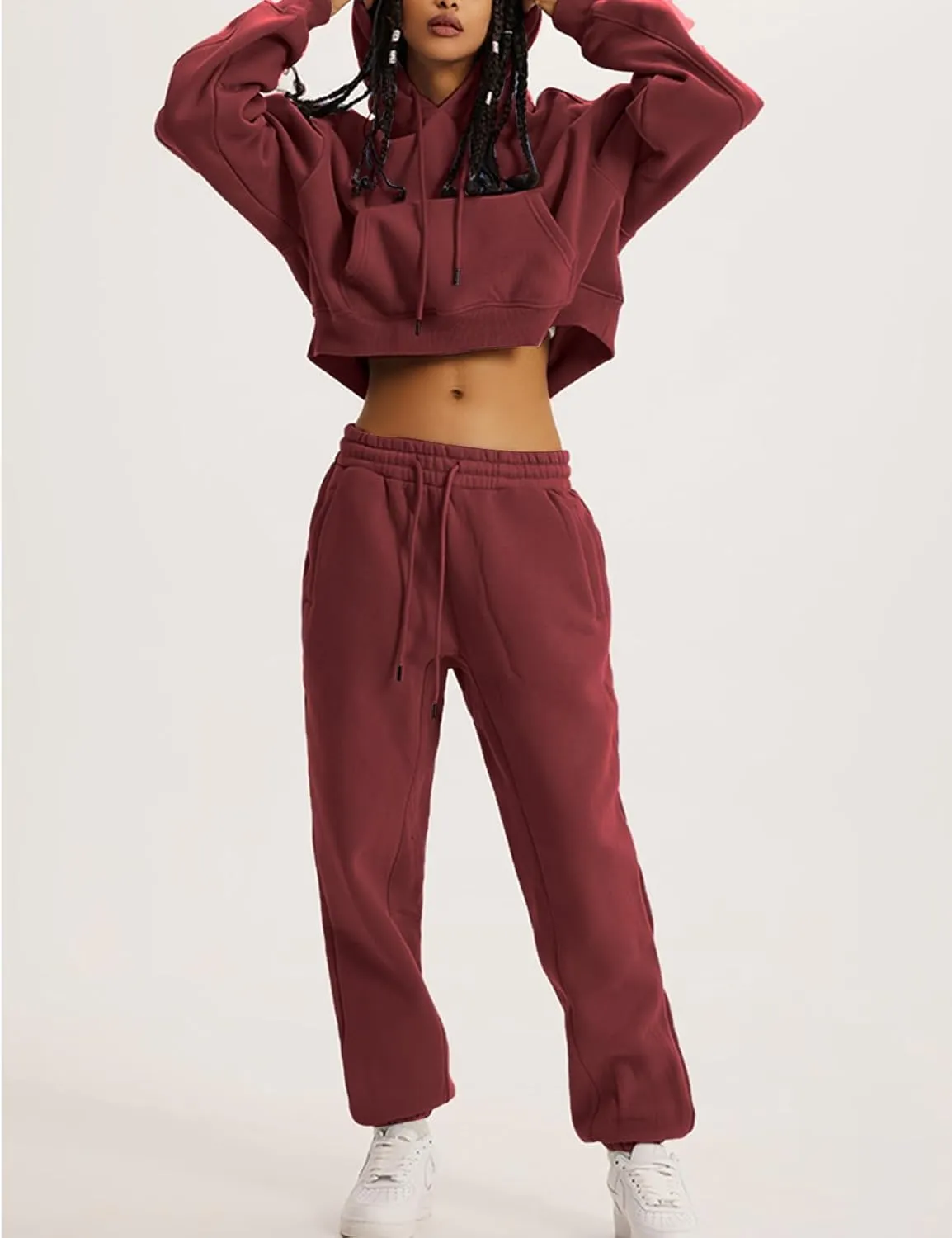 Flygo Womens Fleece 2 Piece Outfits Sweatsuit Crop Pullover Sweatshirt Joggers Pants Tracksuit Set
