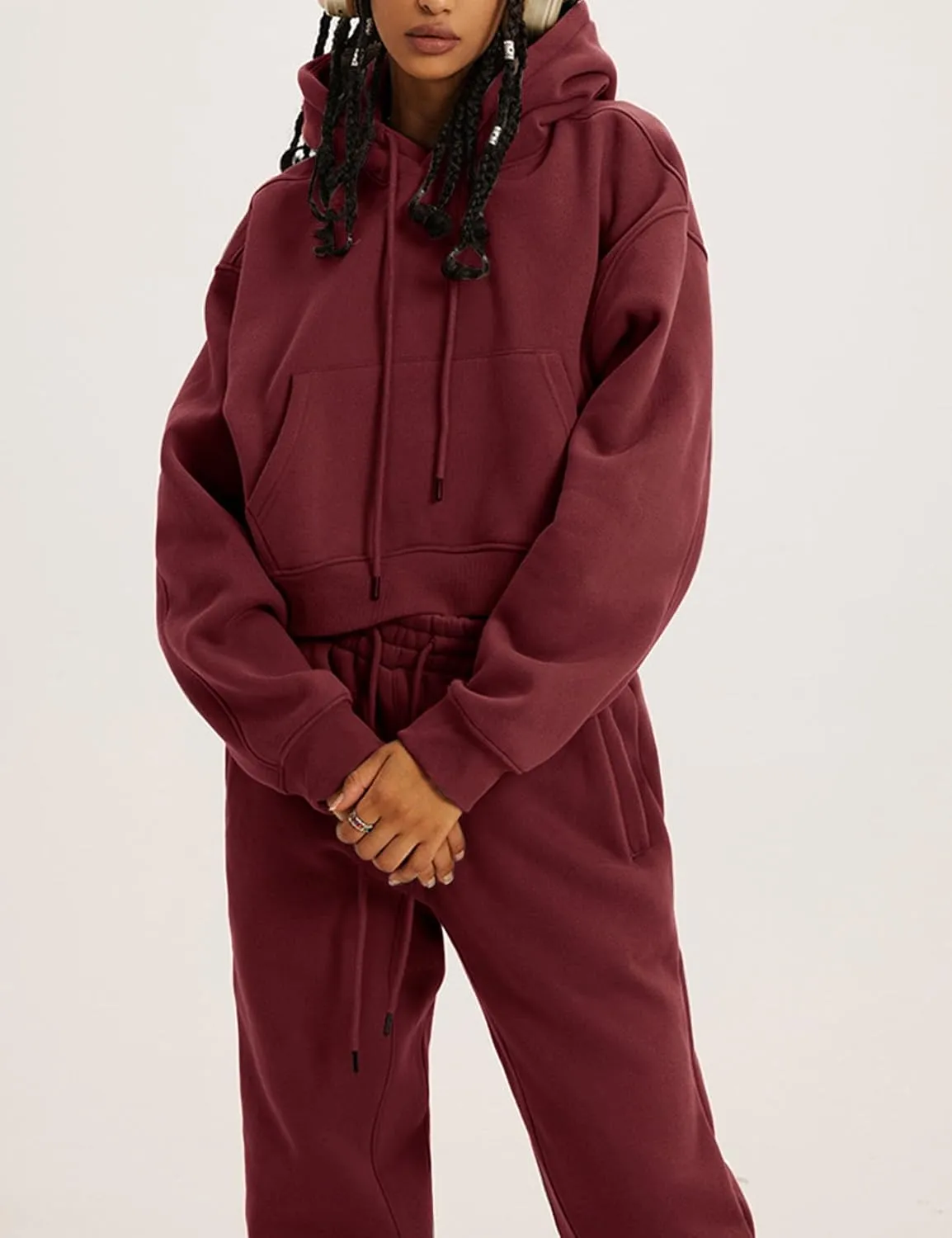 Flygo Womens Fleece 2 Piece Outfits Sweatsuit Crop Pullover Sweatshirt Joggers Pants Tracksuit Set