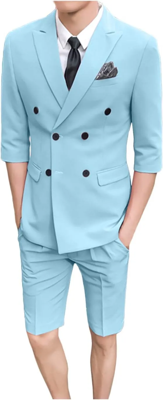 GATMSTZ Men Double Breasted 3/4 Sleeves Blazer Short Pants Formal Summer Suits