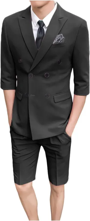 GATMSTZ Men Double Breasted 3/4 Sleeves Blazer Short Pants Formal Summer Suits