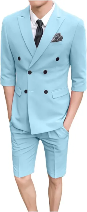 GATMSTZ Men Double Breasted 3/4 Sleeves Blazer Short Pants Formal Summer Suits