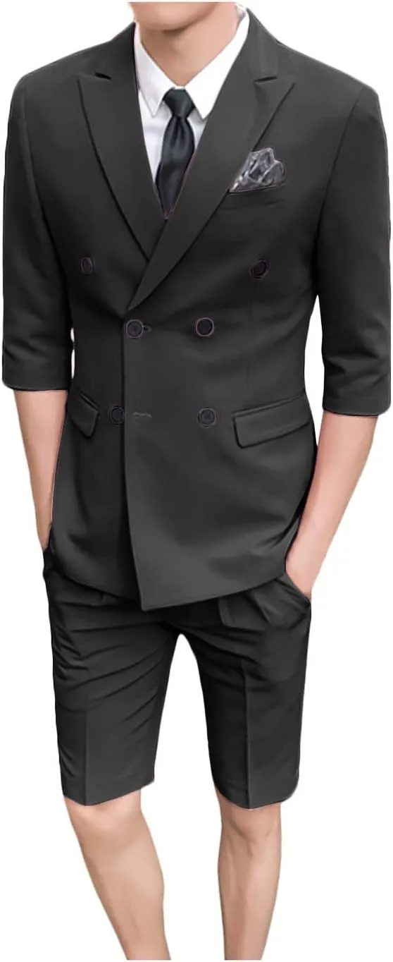 GATMSTZ Men Double Breasted 3/4 Sleeves Blazer Short Pants Formal Summer Suits