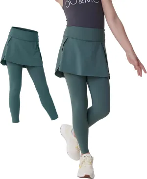 Girls Skirted Leggings with Pockets Athletic Tennis Skorts Stretchy Kids Yoga Pants with Ruffle Skirt