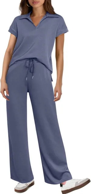 Glamaker Womens 2 Piece Summer Outfit Lounge Set Cap Sleeve Polo Top And Pant Set Tracksuit Travel Matching Outfit 2025