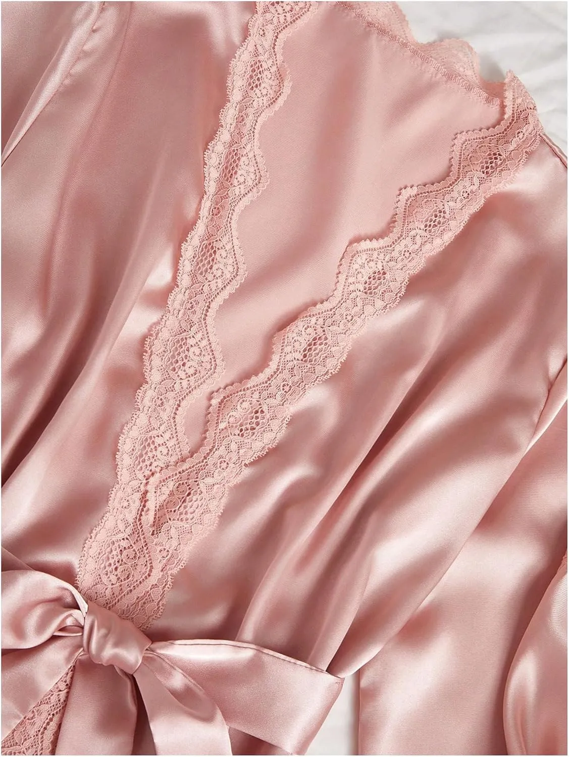 GORGLITTER Women's 4 Pcs Silk Pajamas Set Lace Trim Cami Pants Shorts Pjs Sets with Belt Robe