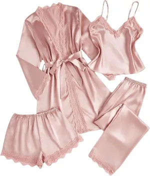 GORGLITTER Women's 4 Pcs Silk Pajamas Set Lace Trim Cami Pants Shorts Pjs Sets with Belt Robe