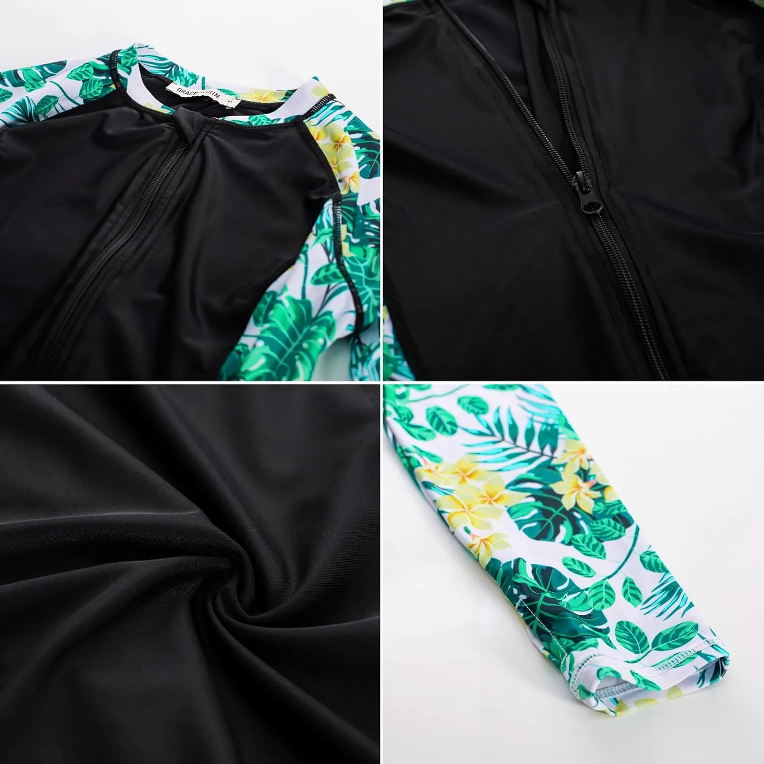 GRACE KARIN Women's 3 Piece Rash Guard Built-in Bra Long Sleeve UV Sun Protection Swimsuit Zip up Swim Top Shirt Modest