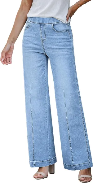 GRAPENT Pull On Womens Jeans Baggy Stretchy High Waisted Denim Wide Leg Trouser Pants Trendy Front Seam 90s Loose Jean