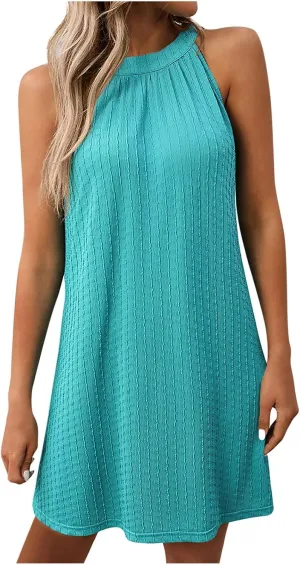 Halter Neck Dresses for Women Short Sleeveless Summer Dresses High Neck Tank Dresss Knee Length Boho Flowy Dress