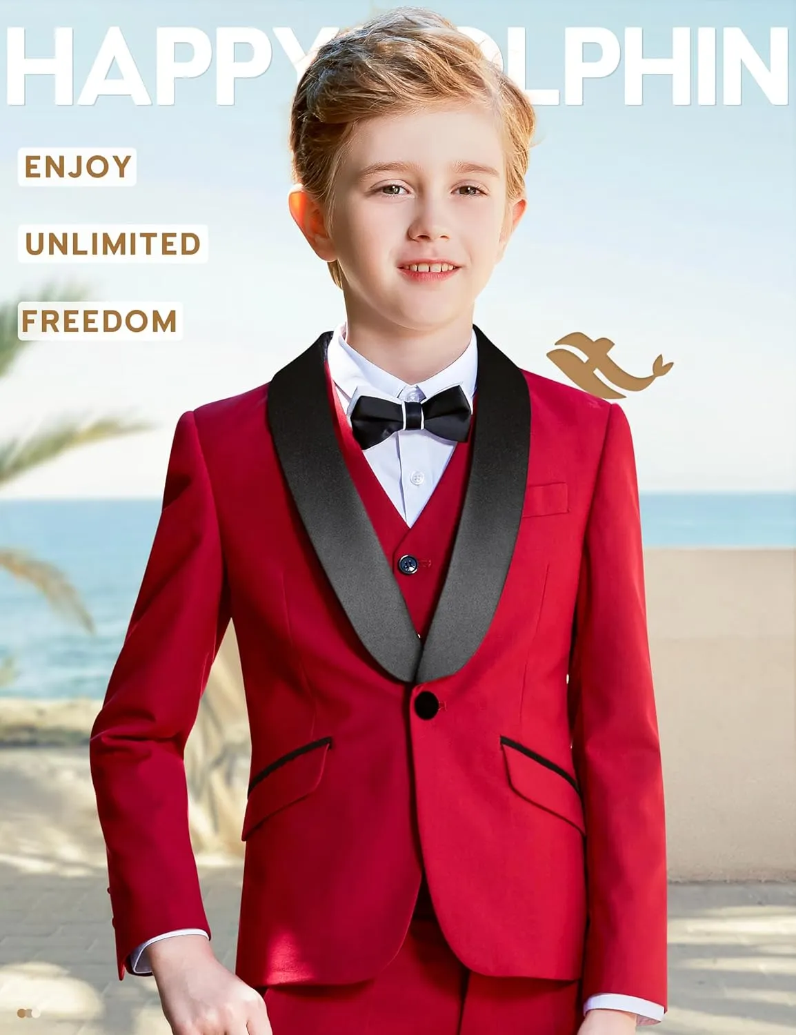 Happy Dolphin Slim Fit Formal Boys Suit Set Jacket Vest Pants for Kids Wedding Ring Bearer Party