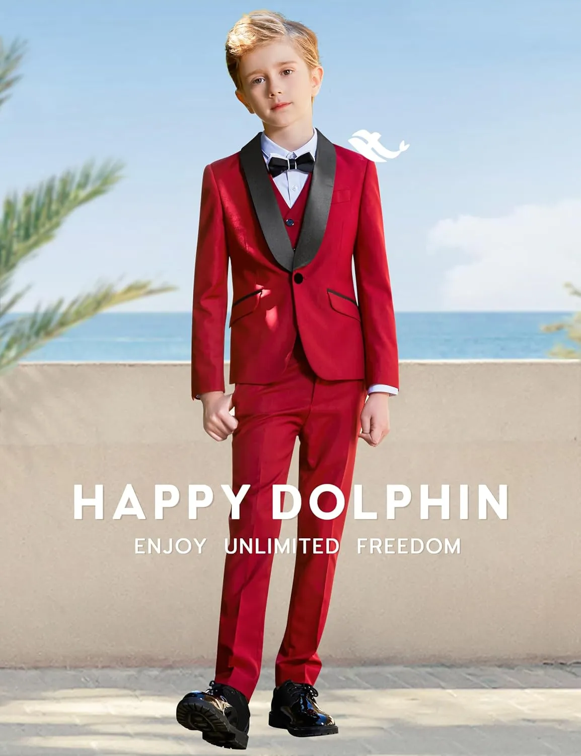 Happy Dolphin Slim Fit Formal Boys Suit Set Jacket Vest Pants for Kids Wedding Ring Bearer Party