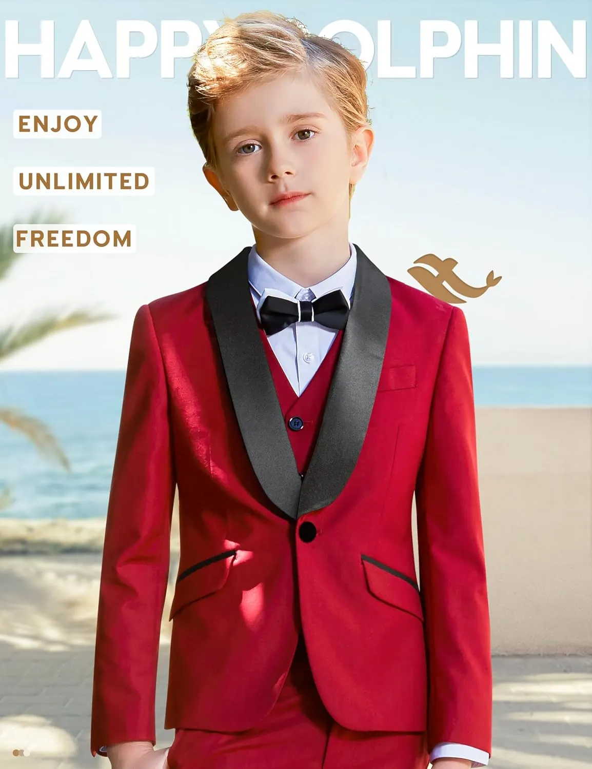 Happy Dolphin Slim Fit Formal Boys Suit Set Jacket Vest Pants for Kids Wedding Ring Bearer Party