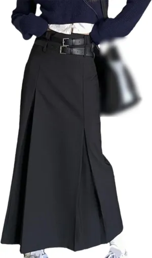 High Waist Long Skirt Women's Double Belt Midi Skirt Pleated A-Line Skirt