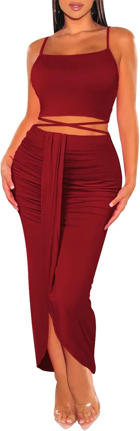 HUUSA Women's Sexy 2 Piece Skirt Sets Elegant Bodycon Maxi Dress Sleeveless Tank Shirt Tops High Waist Ruched Slit Long Dress