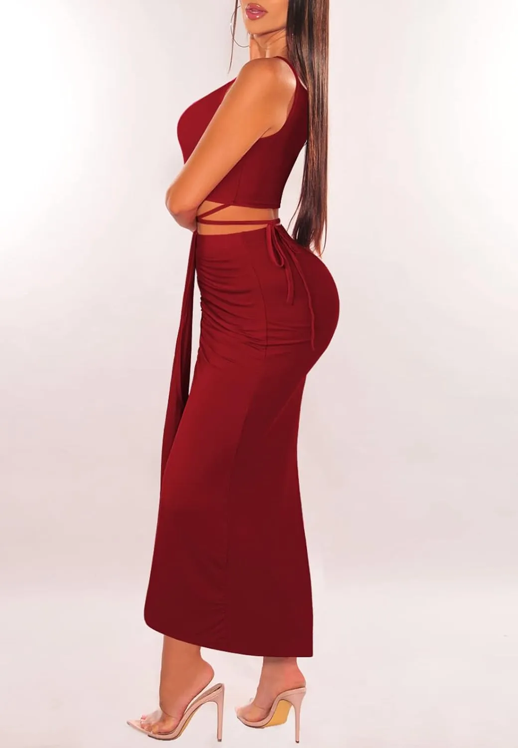 HUUSA Women's Sexy 2 Piece Skirt Sets Elegant Bodycon Maxi Dress Sleeveless Tank Shirt Tops High Waist Ruched Slit Long Dress