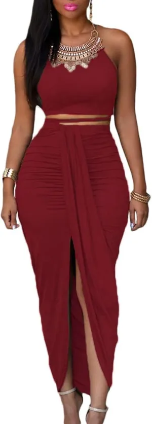 HUUSA Women's Sexy 2 Piece Skirt Sets Elegant Bodycon Maxi Dress Sleeveless Tank Shirt Tops High Waist Ruched Slit Long Dress