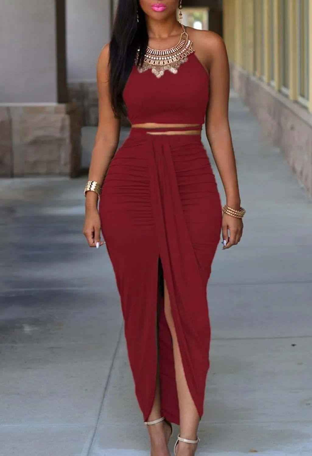 HUUSA Women's Sexy 2 Piece Skirt Sets Elegant Bodycon Maxi Dress Sleeveless Tank Shirt Tops High Waist Ruched Slit Long Dress