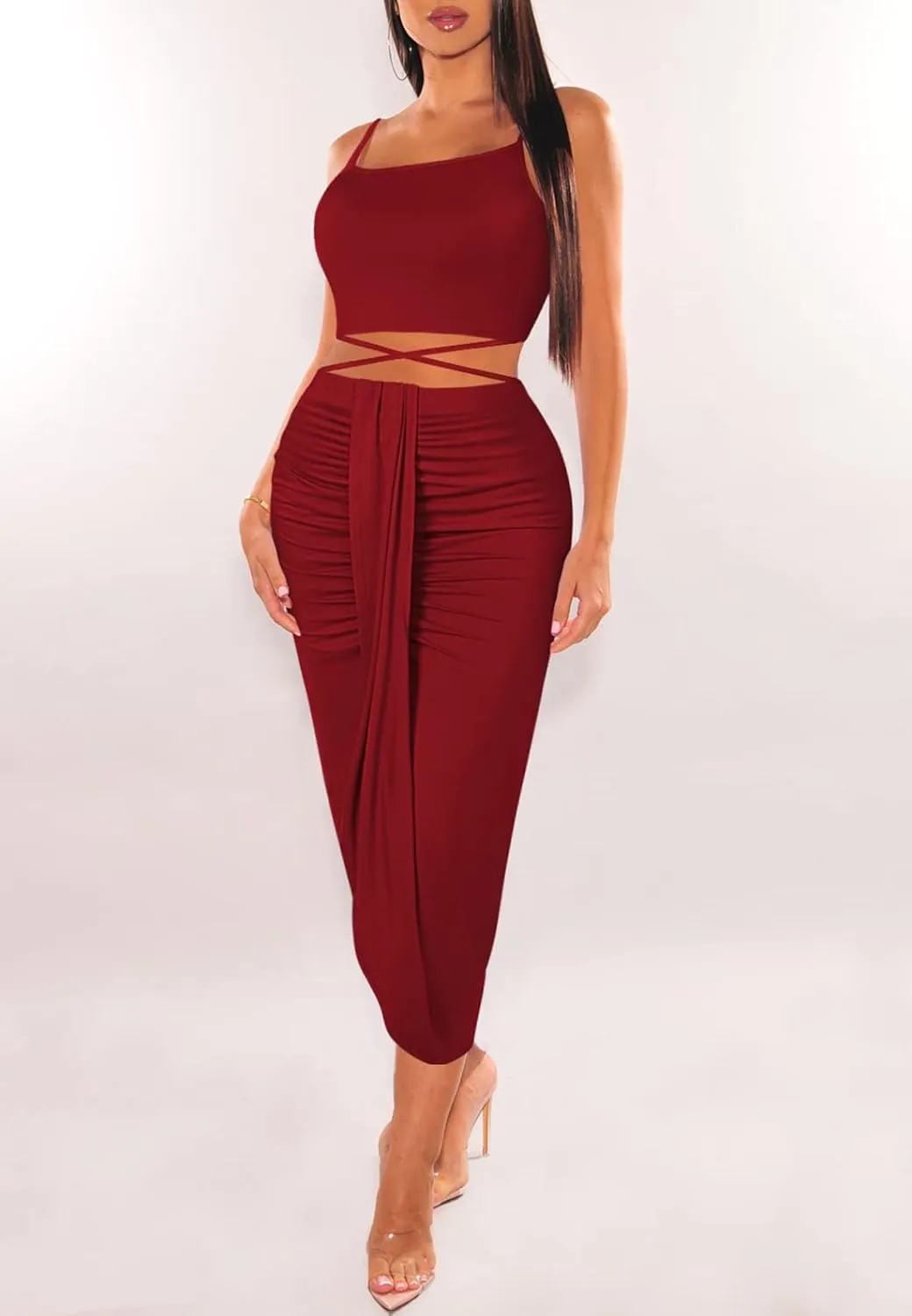 HUUSA Women's Sexy 2 Piece Skirt Sets Elegant Bodycon Maxi Dress Sleeveless Tank Shirt Tops High Waist Ruched Slit Long Dress