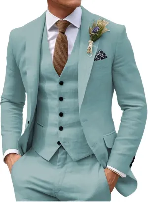 HUUTOE Mens 3 Piece Linen Slim Fit Suits for Men Beach Wedding Summer Prom Casual Grooms Blazer Pants and Vest Suit Set
