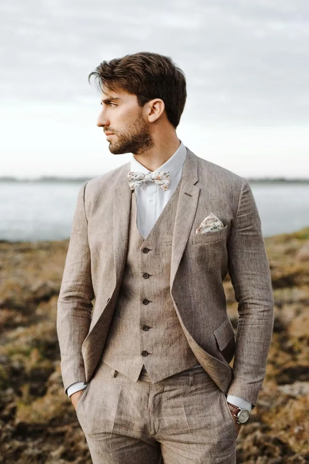 HUUTOE Mens 3 Piece Linen Slim Fit Suits for Men Beach Wedding Summer Prom Casual Grooms Blazer Pants and Vest Suit Set
