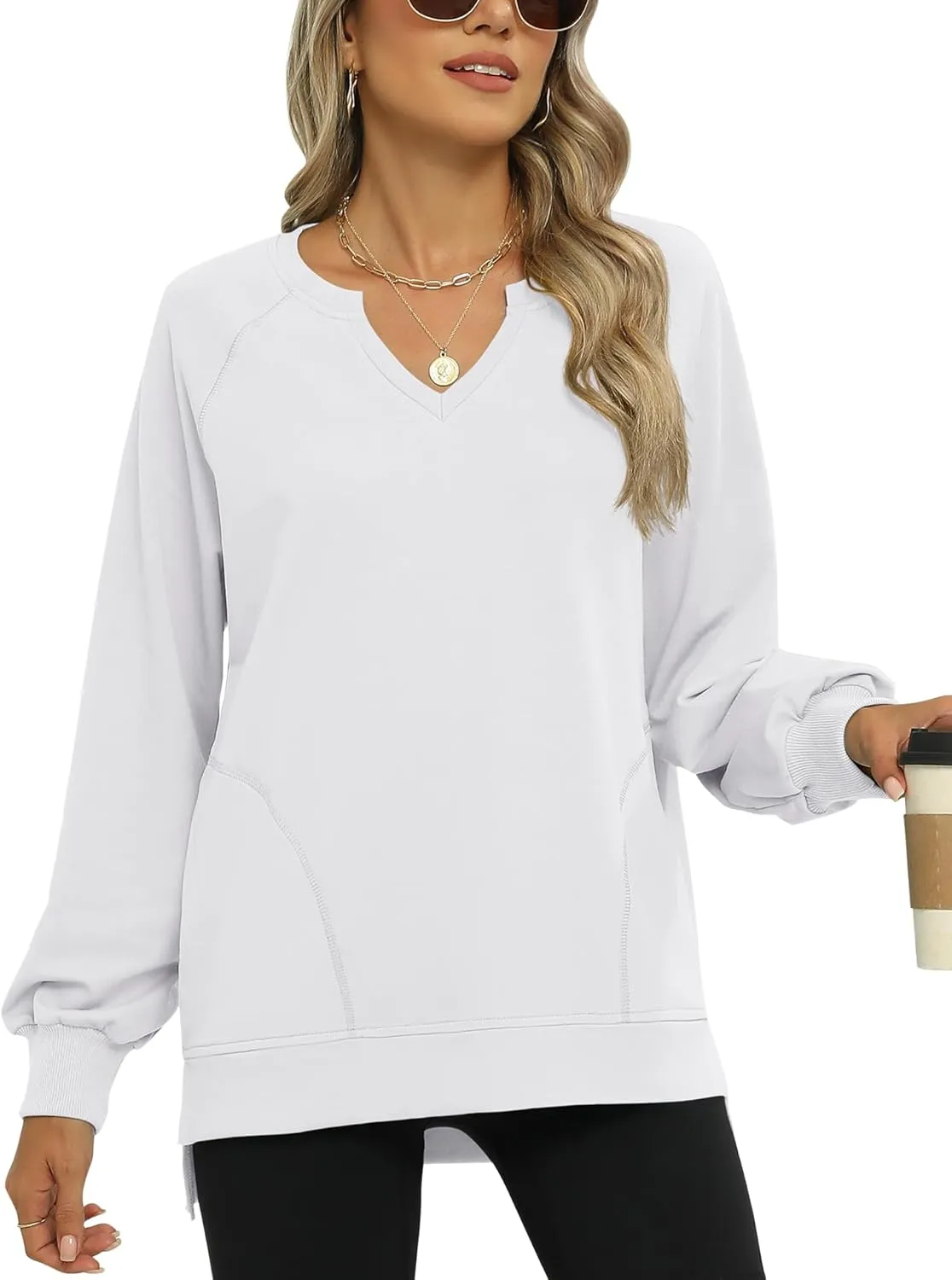 IECCP Womens Sweatshirts Long Sleeve V Neck Pullover Cute Side Slit Tops With Pockets Womens Spring Fashion