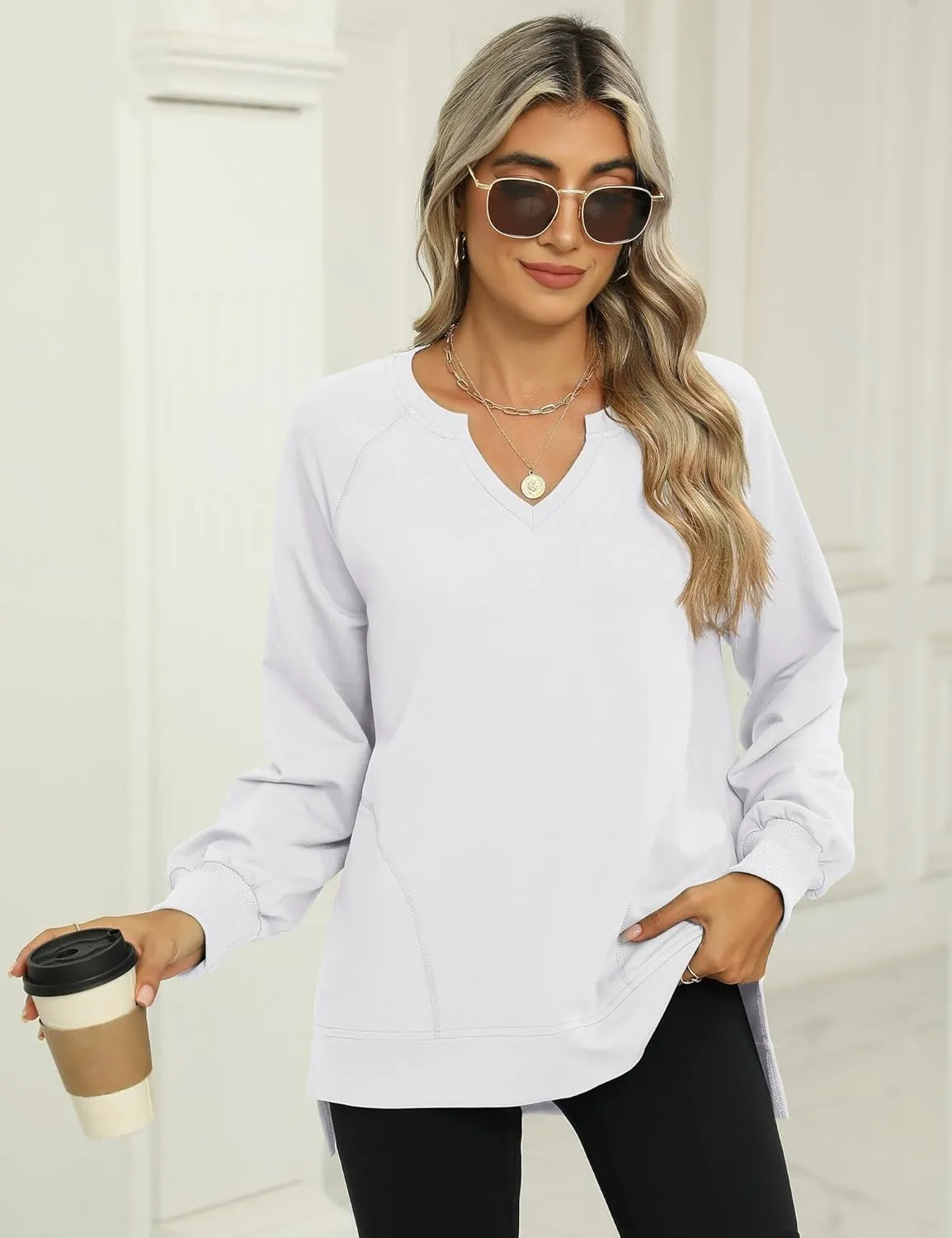 IECCP Womens Sweatshirts Long Sleeve V Neck Pullover Cute Side Slit Tops With Pockets Womens Spring Fashion