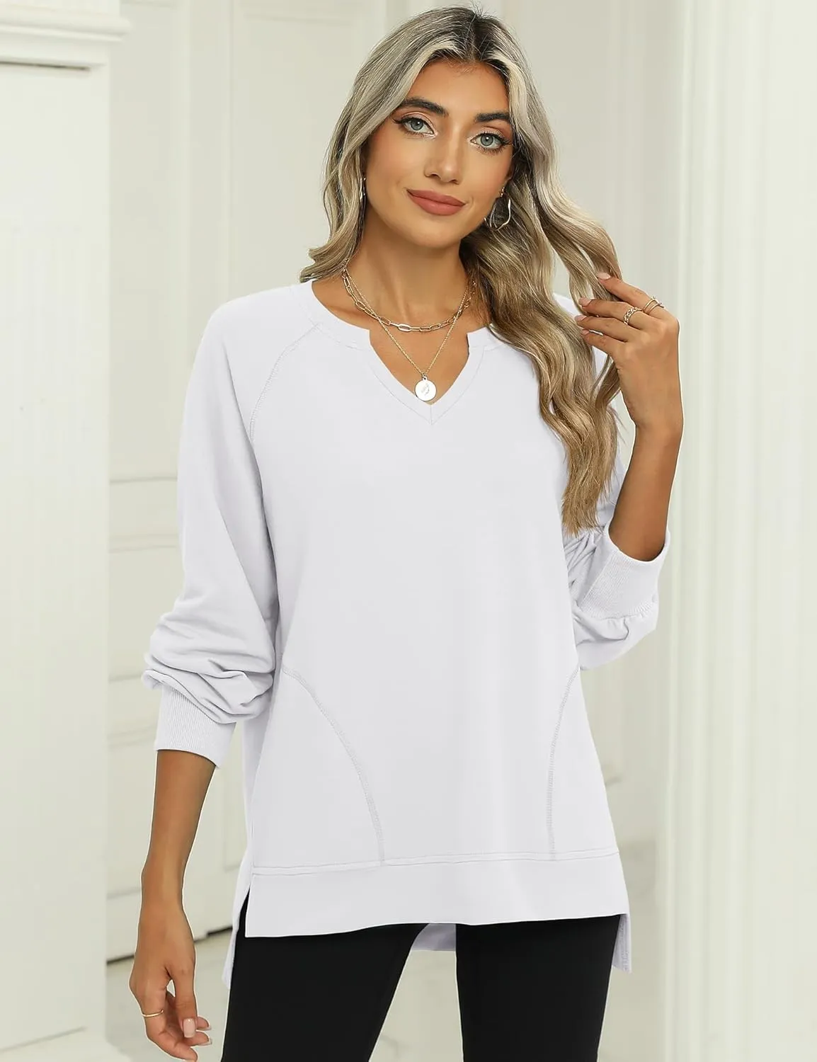 IECCP Womens Sweatshirts Long Sleeve V Neck Pullover Cute Side Slit Tops With Pockets Womens Spring Fashion