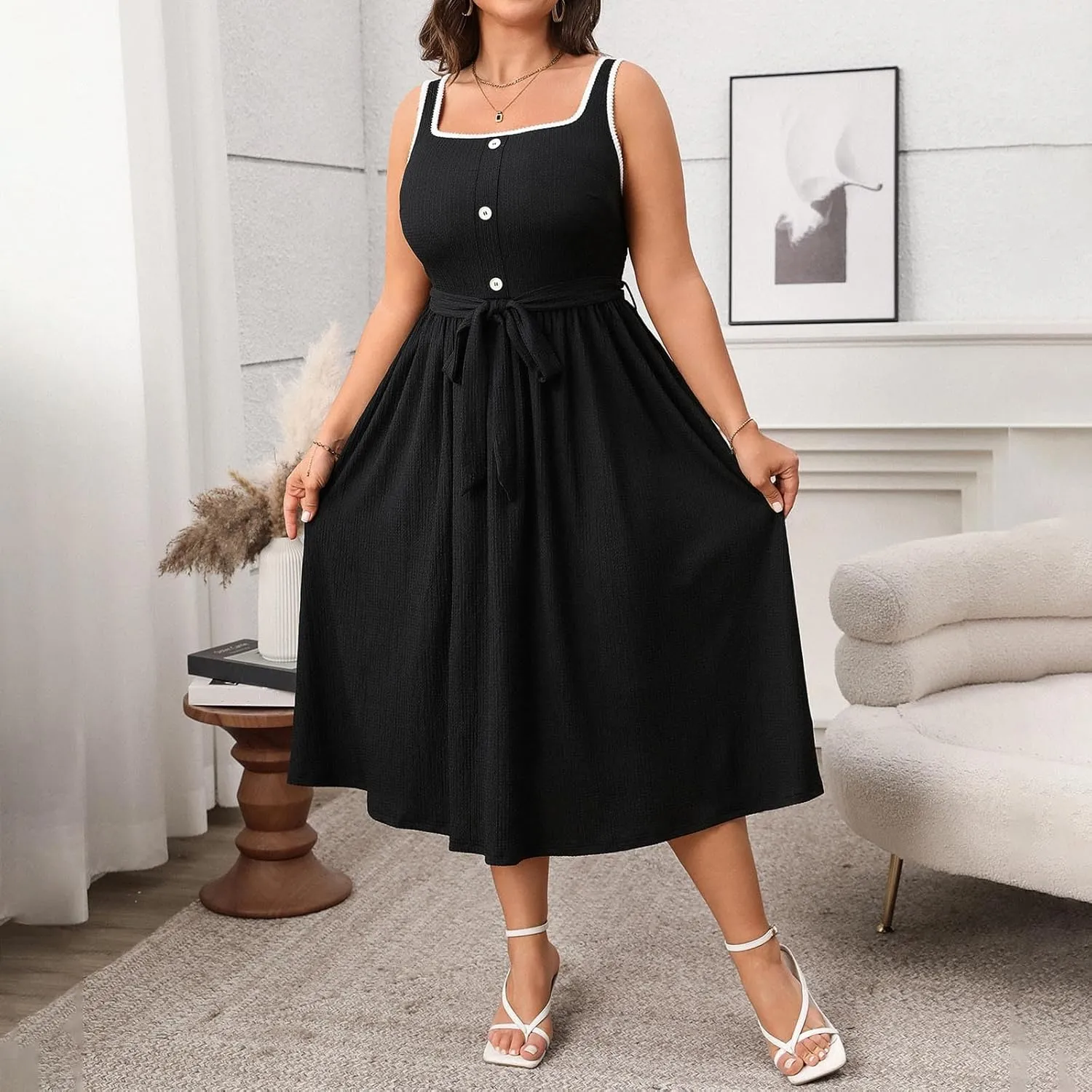 JOAU Women Plus Size Summer Beach Midi Dress Sleeveless A-Line Square Neck Smocked Pleated Belted Cocktail Party Tank Dresses