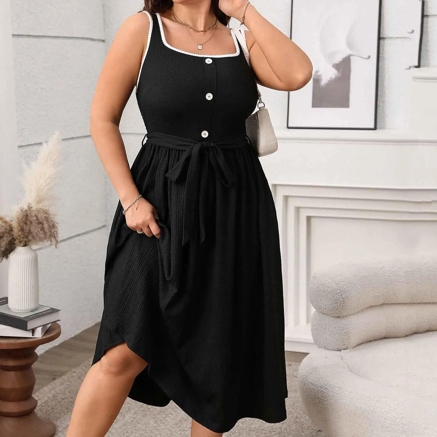 JOAU Women Plus Size Summer Beach Midi Dress Sleeveless A-Line Square Neck Smocked Pleated Belted Cocktail Party Tank Dresses