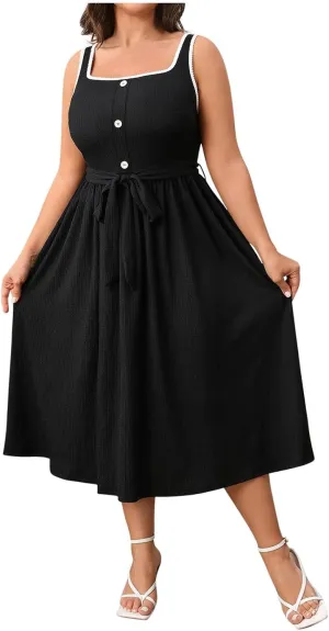 JOAU Women Plus Size Summer Beach Midi Dress Sleeveless A-Line Square Neck Smocked Pleated Belted Cocktail Party Tank Dresses