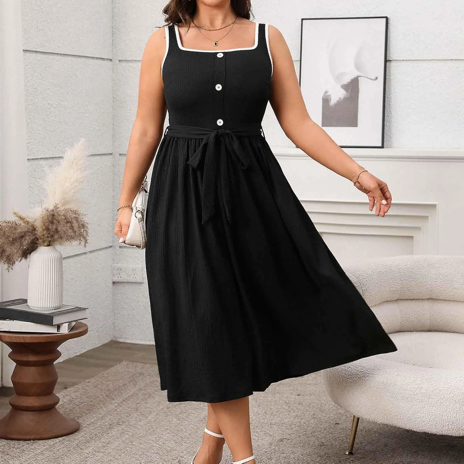 JOAU Women Plus Size Summer Beach Midi Dress Sleeveless A-Line Square Neck Smocked Pleated Belted Cocktail Party Tank Dresses