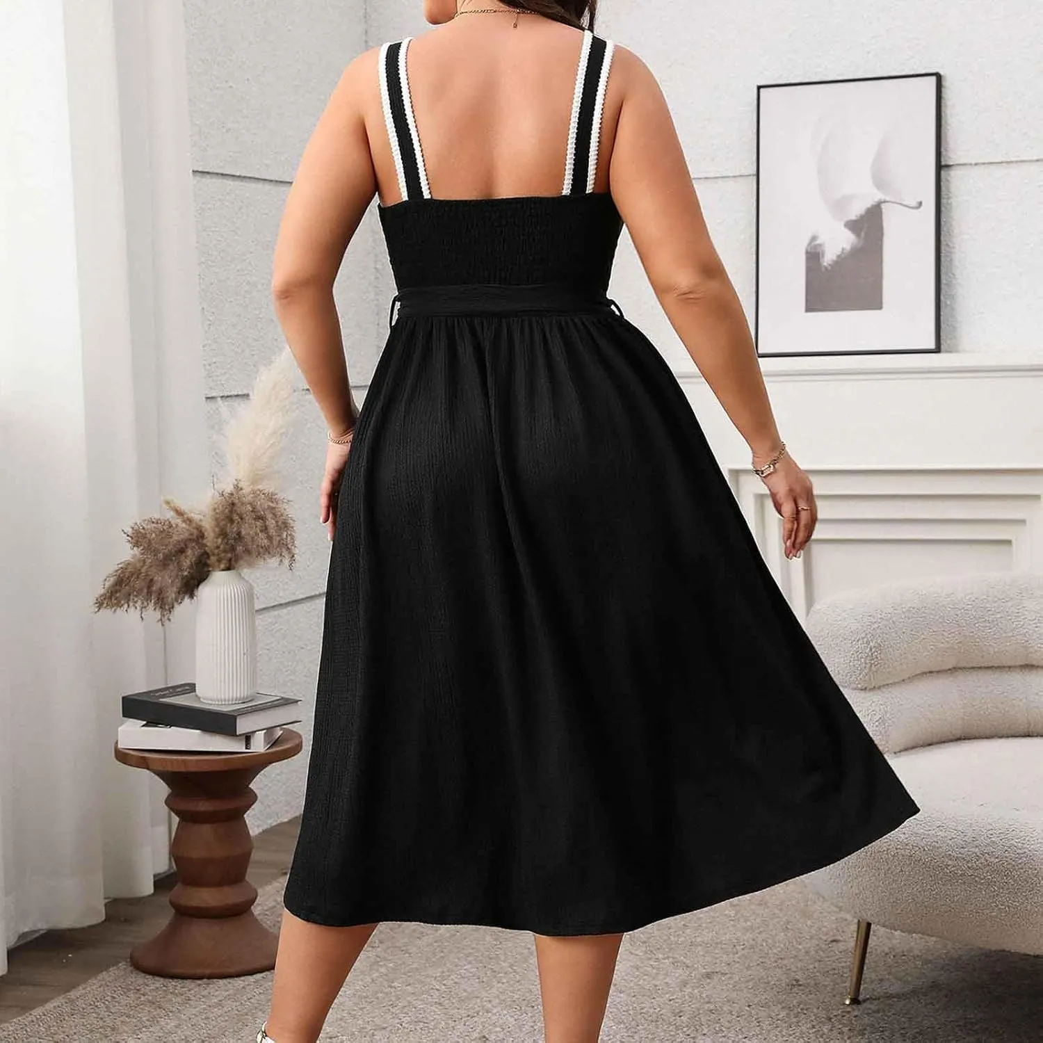 JOAU Women Plus Size Summer Beach Midi Dress Sleeveless A-Line Square Neck Smocked Pleated Belted Cocktail Party Tank Dresses