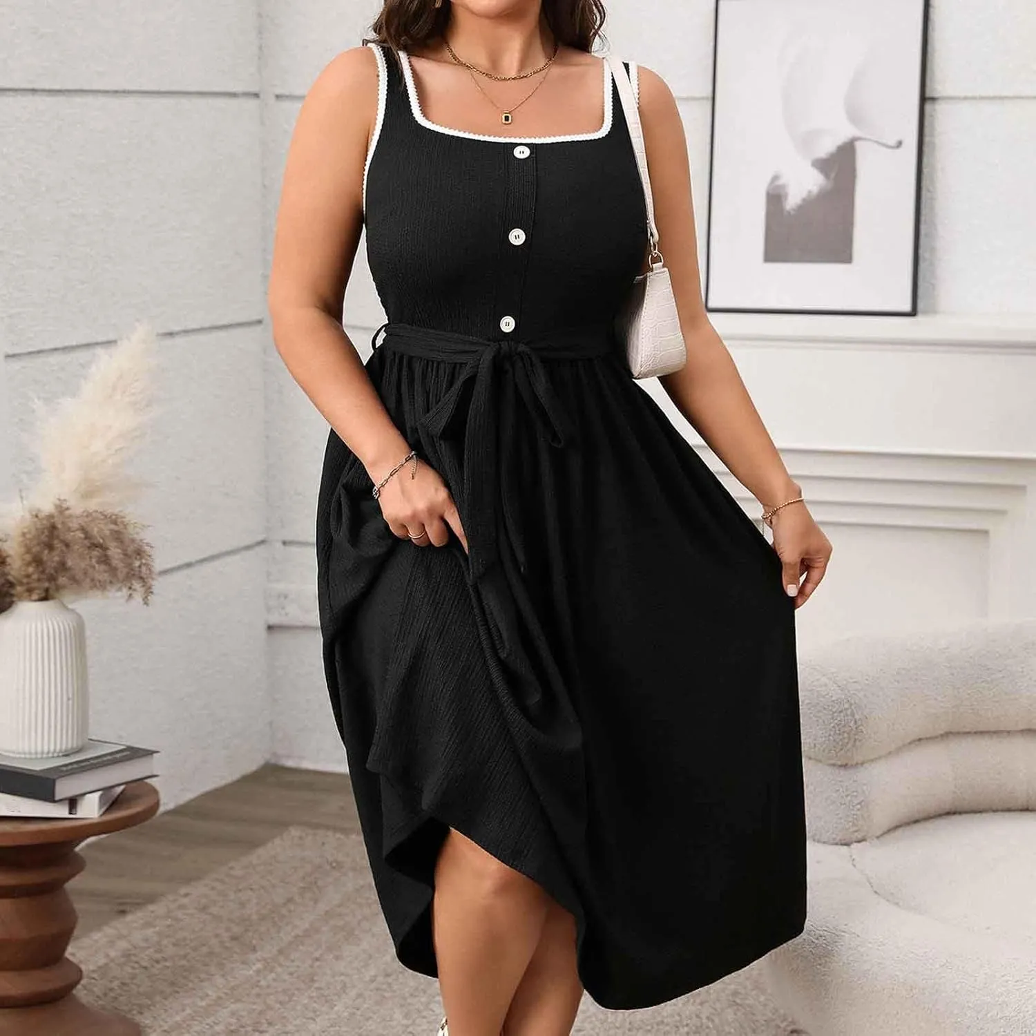 JOAU Women Plus Size Summer Beach Midi Dress Sleeveless A-Line Square Neck Smocked Pleated Belted Cocktail Party Tank Dresses