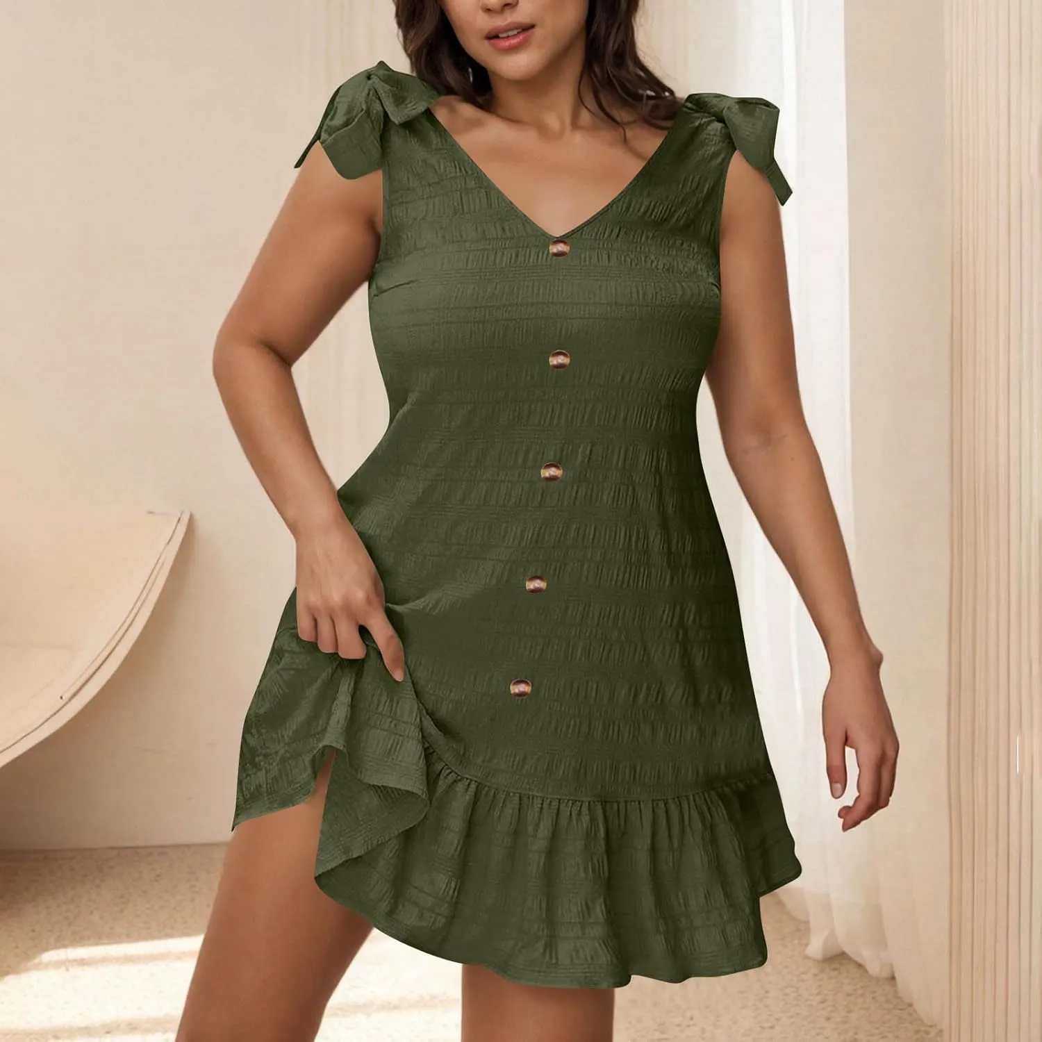 JOAU Women Plus Size Summer V Neck Sleeveless Tie Strap Button Ruffle Hem Boho Sundress Casual Flowy A-Line Mini Tank Dress