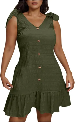 JOAU Women Plus Size Summer V Neck Sleeveless Tie Strap Button Ruffle Hem Boho Sundress Casual Flowy A-Line Mini Tank Dress