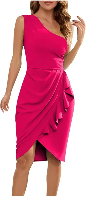 JOAU Women's One Shoulder Bodycon Midi Dresses Elegant Ruched Irregular Ruffle A-Line Wedding Guest Cocktail Party Wrap Dress