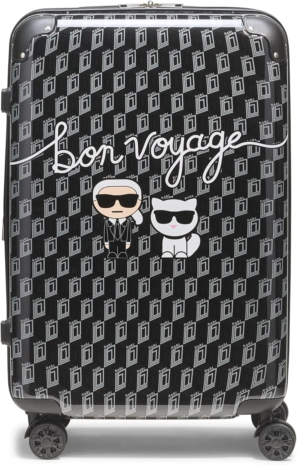 Karl Lagerfeld Paris Bon Voyage Karl and Choupette Hardside Suitcase, Black/Grey, Medium