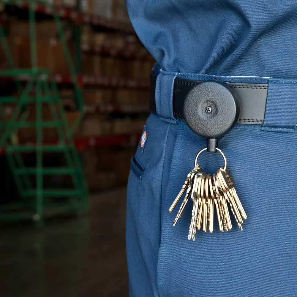 KEY-BAK Original Retractable Key Holder Keychain with a Black Front, Steel Belt Clip, and Split Ring