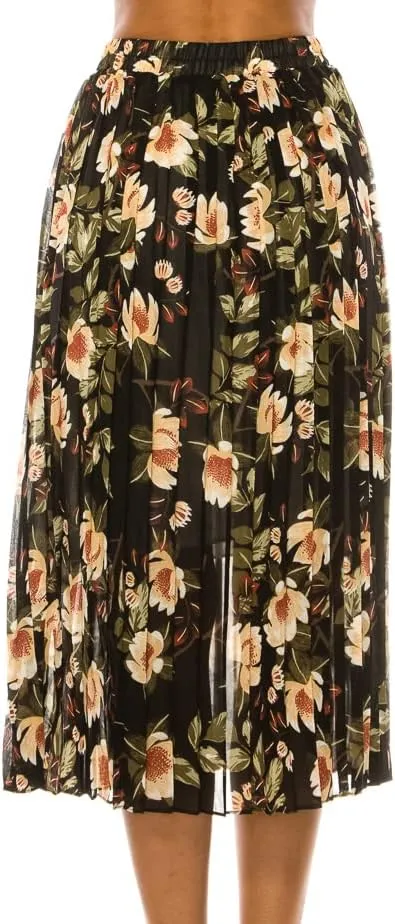 LA12ST Women Pleated A-Line High Waist Swing Flare Midi Skirt