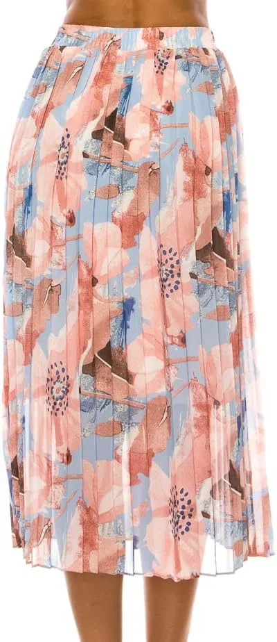 LA12ST Women Pleated A-Line High Waist Swing Flare Midi Skirt