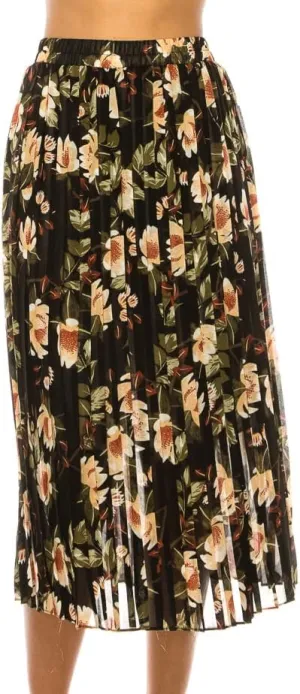 LA12ST Women Pleated A-Line High Waist Swing Flare Midi Skirt